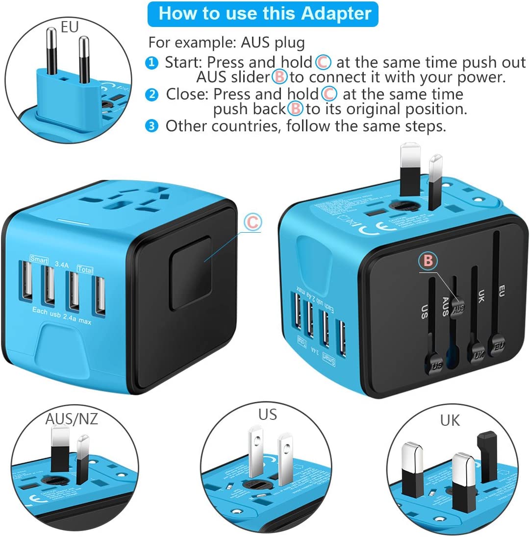 SAUNORCH Universal International Travel Power Adapter W/Smart High Speed 2.4A 4xUSB Wall Charger, European Adapter, Worldwide AC Outlet Plugs Adapters for Europe, UK, US, AU, Asia-Blue - Image 6